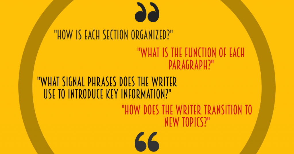 "How is each section organized?" "What is the function of each paragraph?" "What signal phrases does the writer use to introduce key information?" "How does the writer transition to new topics?" 