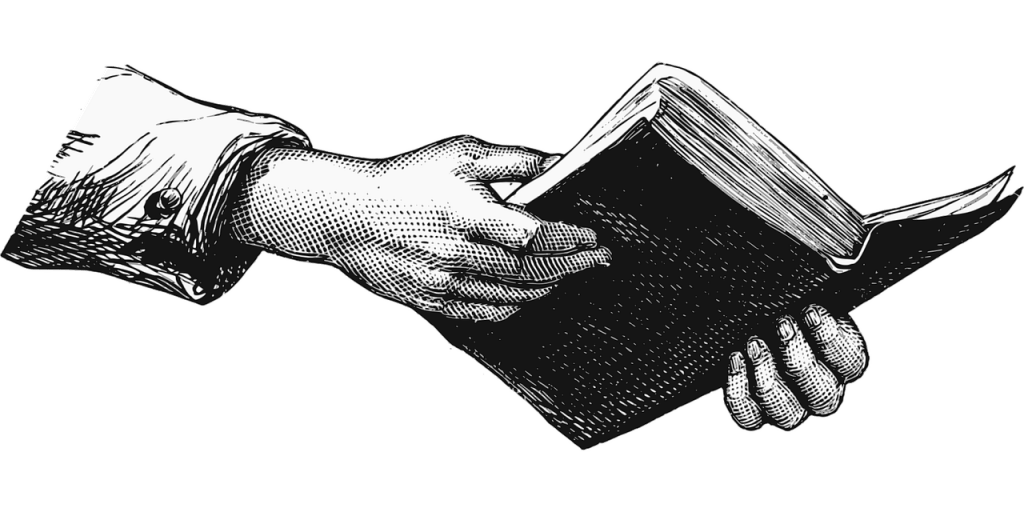 A line drawing of two hands holding a book.