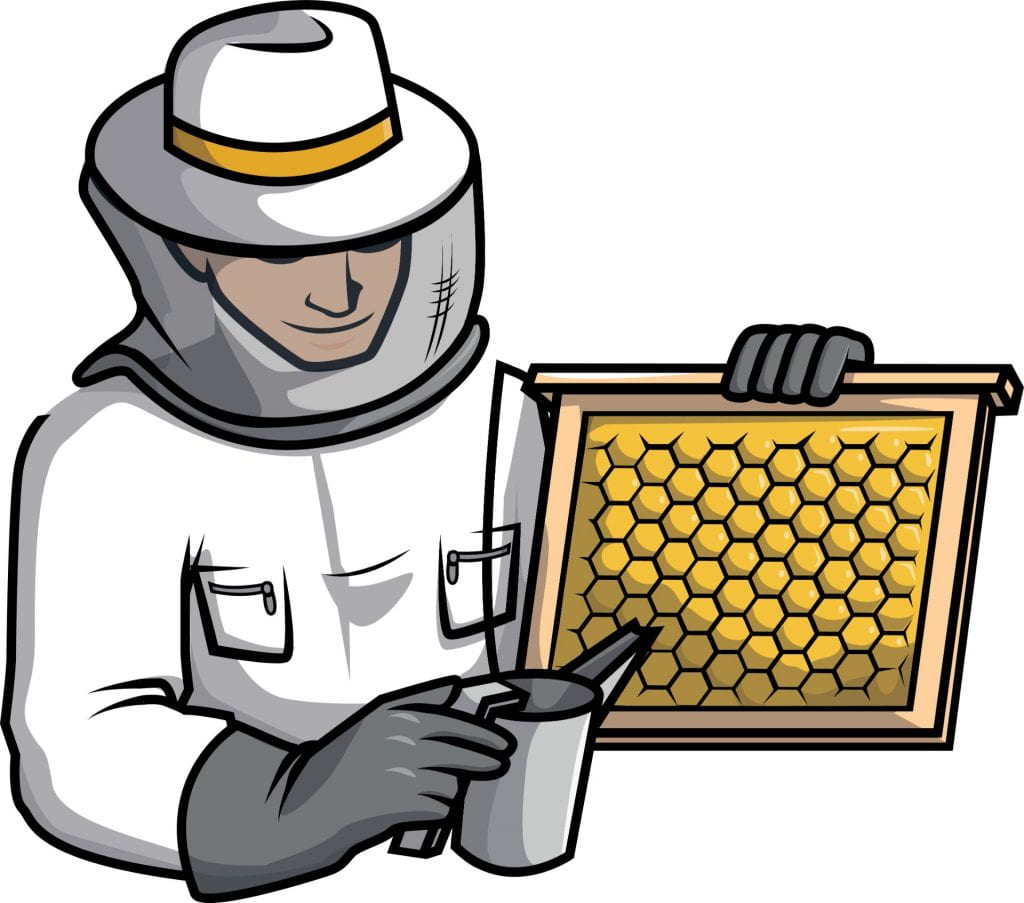 A cartoon image of a beekeeper