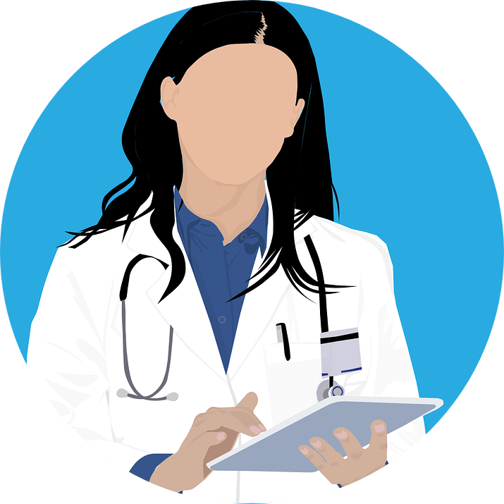 a cartoon graphic of a person with long black hair in a lab coat with a tablet.